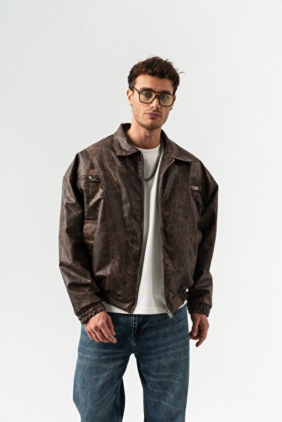 go gang own Blendcore Leather Coat with Zipper and Pocket Detail