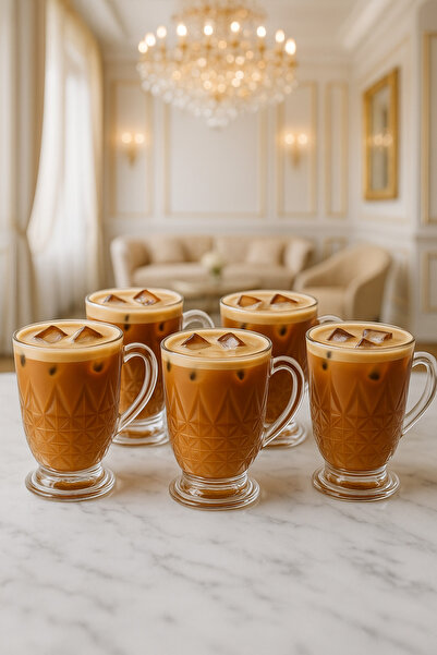 YzHome 6 Lı Cam Kulplu Desenli Çay Meşrubat Bardağı Bardak Kupa 220ml