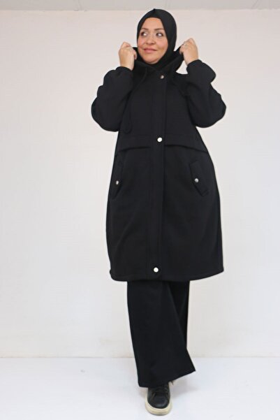 Eslina 43076 Büyük Beden Cepli Kapşonlu Üç İplik Kap - Siyah