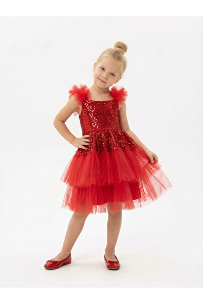 BUTİKHAPPYKİDS Rochie de seară pentru fete, rochie roșie din tul, cu bretele ...