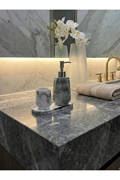 BG CONCEPT Mermer Dokulu Dayanıklı Epoksi Banyo Seti - Sıvı Sabunluk, Fırçalı...