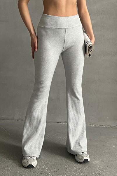 Oyga Women's Gray High Waist Ribbed Spanish Leg Waist Retractor Elastic Interlock Winter Leggings