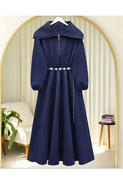 MODA VEDAT Women's Collar Zipper Detailed Scuba Dress -0580