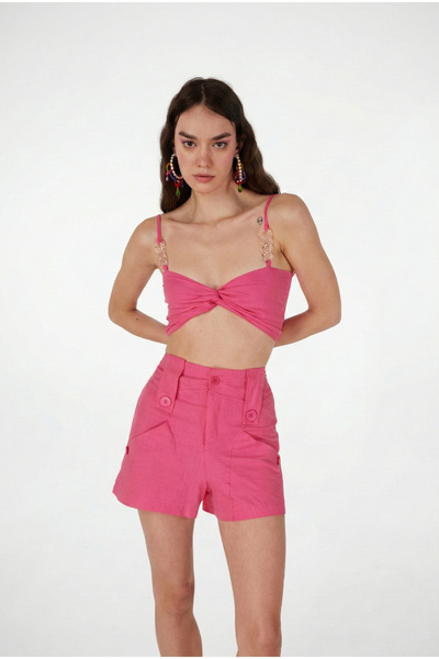 HOLLY LOLLY Koton Fabric Transparent Rise Chain Detailed Blouse Pink