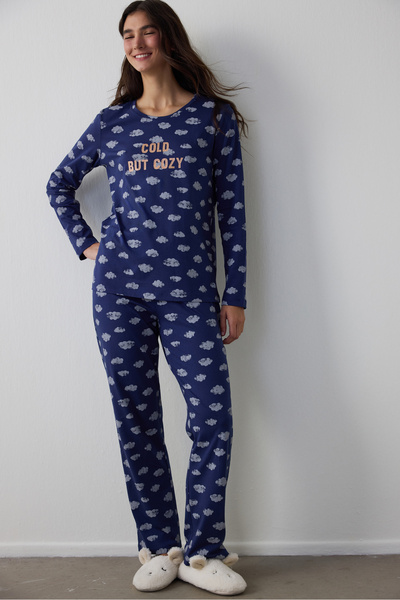 Penti Navy Blue Cloudy Night Pants Pajama Set