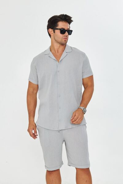 ZİNOX Men's Linen Lapel Collar Short Sleeve Shirt - Shorts Set