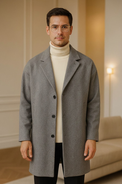 Mamlay Gray Button Closure Oversized Loose Fit Long Cashmere Coat