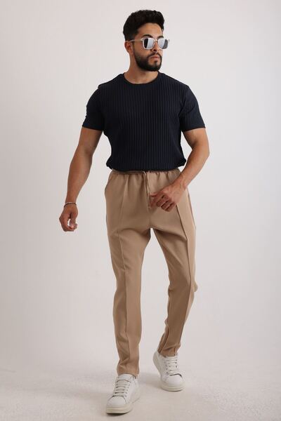 Oyga Men's Ribbed Zinox Fabric T-Shirt & Zippered Double Fabric Trousers Set