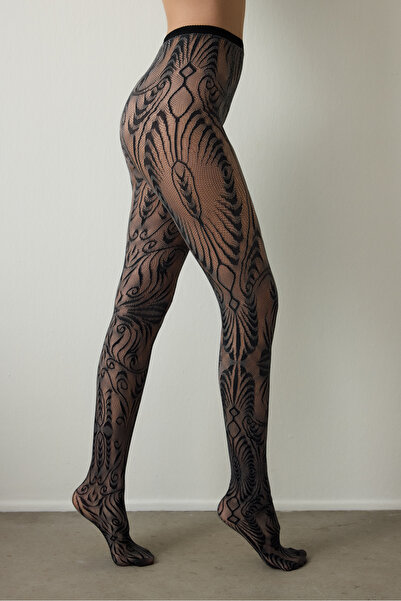 Penti Black Duo Mesh Ethnic Patterned 15 Denier Thin Pantyhose