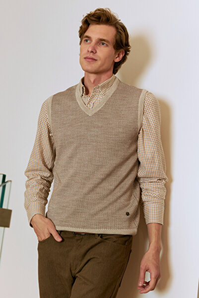 Çizgi Triko Мъжки пуловер с V-образно деколте, камък, шарки, стомана, трикотаж, редовна кройка - 5206H