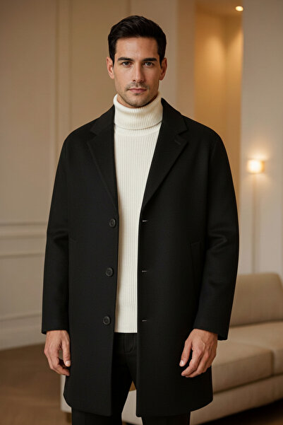 Mamlay Black Button Closure Oversized Loose Fit Long Cashmere Coat