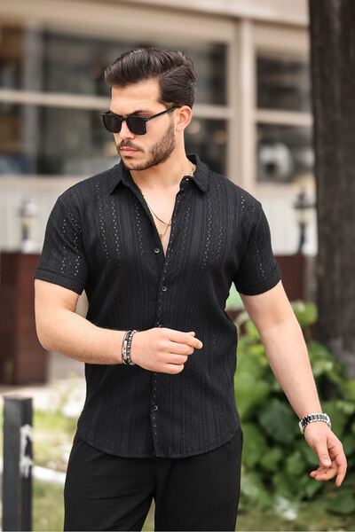 ZİNOX Men's Short Sleeve Cross Hole Special Design Knitted Regular Fit Shirt
