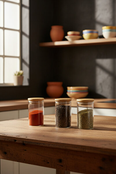 Kitchen Way Bambu Conta Kapaklı 3 Lü Cam Kavanoz Set 125ML Borosilikat Bahara...