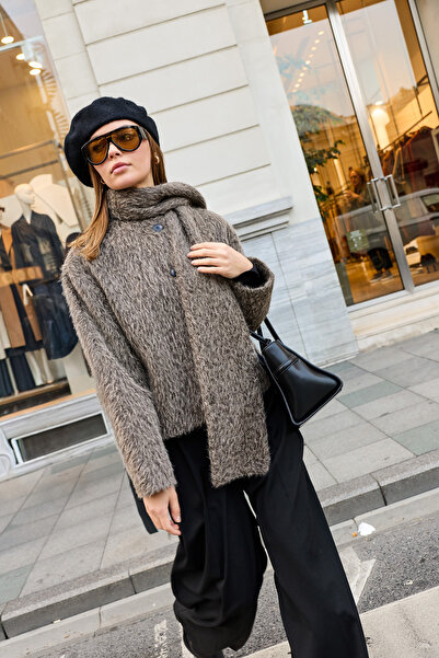 Antioch Light Brown Scarf Collar Faux Fur Coat