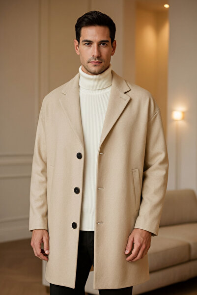 Mamlay Cream Button Closure Oversized Loose Fit Long Cashmere Coat