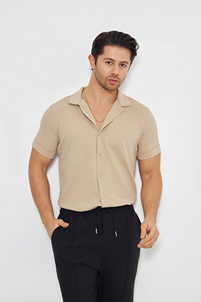 ZİNOX قميص رجالي من القماش المحبوك بأزرار وياقة أبوتشي، قميص أنيق بنمط كريب م...