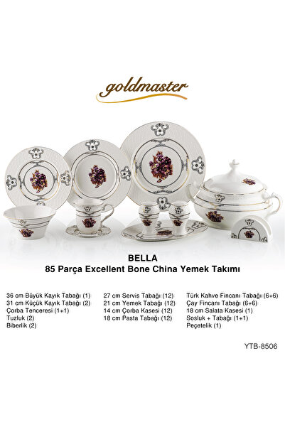 GOLDMASTER Bella 85 Parça 12 Kişilik Desenli Bone China Excellent Luxury Yuvarlak Yemek Takımı YTB8506