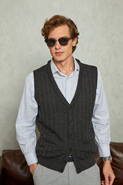 Çizgi Triko Erkek Düğmeli Antrasit Yelek Cepli Desenli Çelik Örgü Klasik Kalıp - 5203L