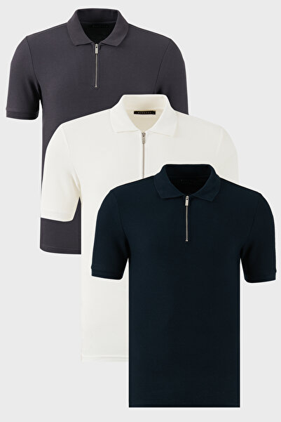 Buratti Мъжка тениска с поло яка, стандартна кройка и половин цип, комплект от 3 броя, 590 бр.