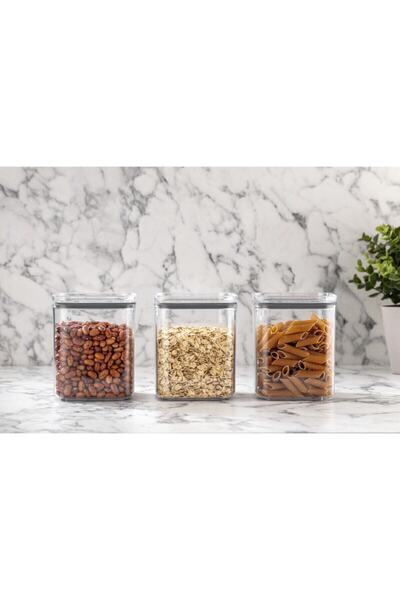 Eynel 3'lü 1 L Set Kare Vakumlu Kuru Gıda Baklagil Saklama Kabı Üçlü Hava Almayan Tahıl Erzak Koyma Kutusu