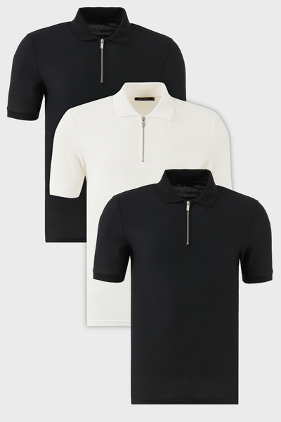 Buratti تي شيرت قطني بقصة عادية نصف سحاب 3 عبوات بياقة بولو للرجال تي شيرت بي...