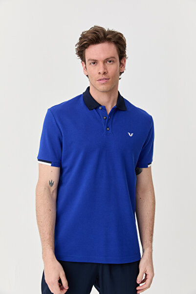 bilcee Men's Sax Cotton Polo Collar Short Sleeve T-Shirt 9710