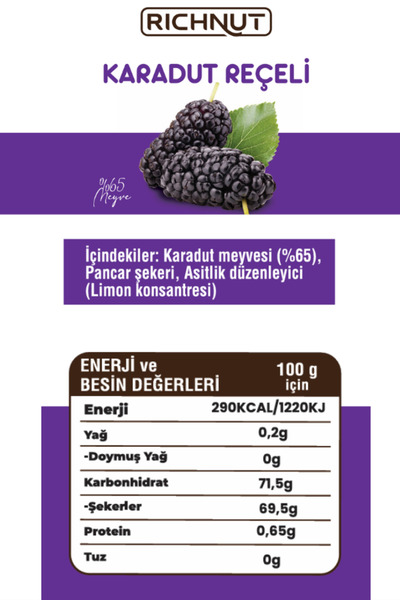 RİCHNUT Karadut Reçeli (Katkı, Koruyucu, Renklendirici İÇERMEZ)