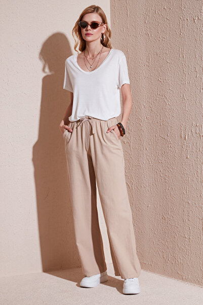 Lela Pantaloni largi din bumbac, cu talie înaltă, cu talie înaltă, pantaloni ...