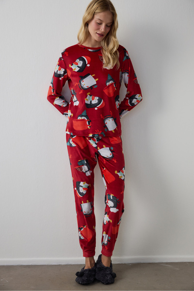 Penti Red Penguin Patterned Crew Neck Pajama Set