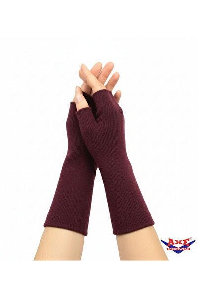AXE SPORTSWEAR قفازات تريكو شتوية باللون العنابي - قفازات طويلة بدون أصابع