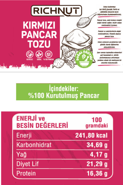 RİCHNUT Kırmızı Pancar Tozu - Katkısız Doğal