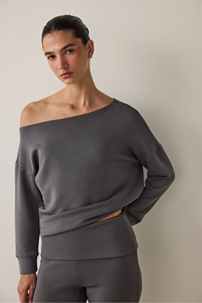 Penti Gray Boat Neck Modal Open Front Sweatshirt