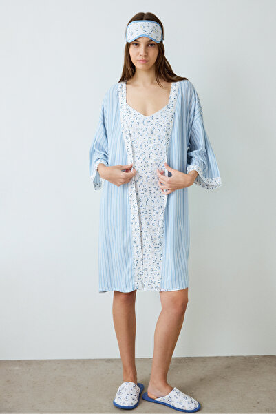 Penti Light Blue Lilah Striped Short Sleeve Dress with Tie Detail
