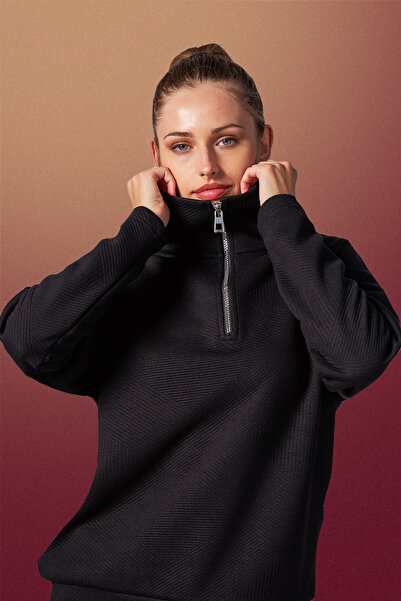 bilcee Women's Black Fashion Half Zipper Sweatshirt 4561