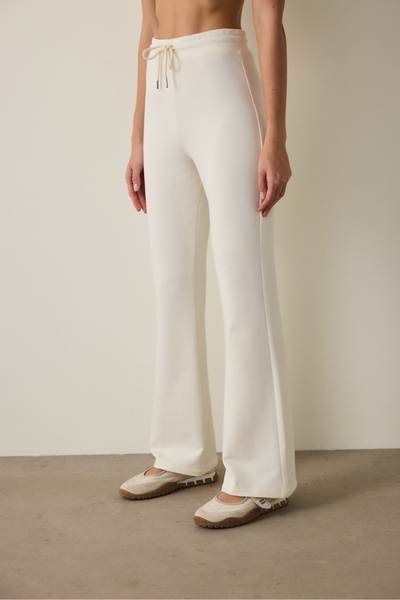 Penti White Lace-Up Detailed Mid-Waist Flared Sweatpants