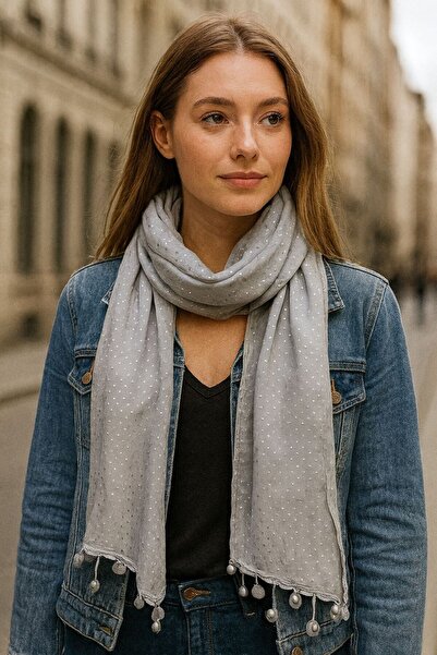 Gönülden Tasarım 190X25 Cm Çift Renkli Puantiyeli Boncuklu Kadın Fular Gri