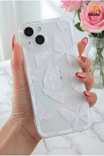 Fibaks İphone 14 Uyumlu Kılıf Tasarımlı Desenli Kamera Korumalı Şeffaf Kelebek Esnek Yumuşak Silikon Kapak