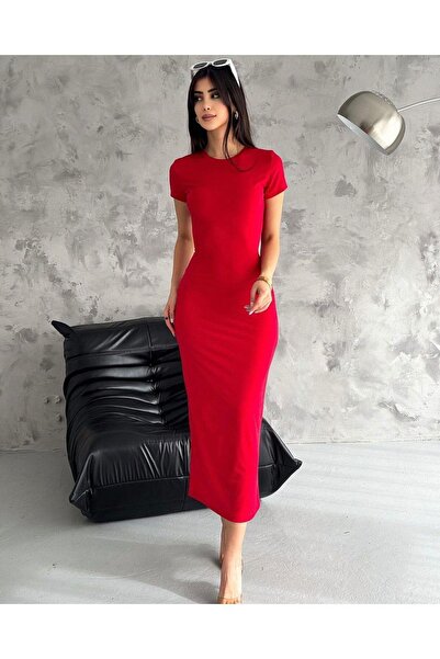 AB LOOKS فستان نسائي طويل بأكمام قصيرة وقابل للتمدد باللون الأحمر، فستان كايل...