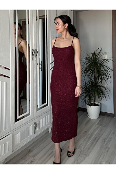 AB LOOKS Kadın Bordo Askılı Vücuda Oturan Simli Pırıltılı Düğün Davet Özel Gü...