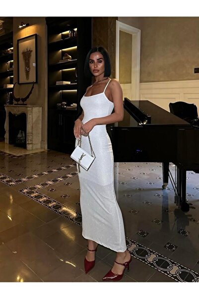AB LOOKS Kadın Beyaz Askılı Vücuda Oturan Simli Pırıltılı Düğün Davet Özel Gün Elbisesi Uzun Maxi Kalem Elbis