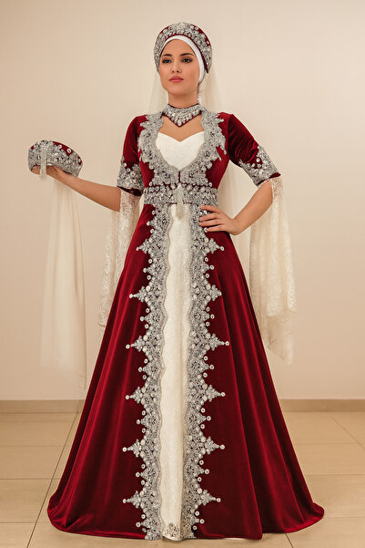 atölyekaftanbutik Kadın bordo kadife kaftan bindallı 6 parça kına elbisesi