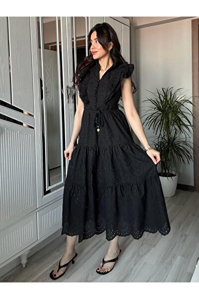 AB LOOKS فستان نسائي أسود صدفي 100% قطن صيفي مطرز بكشكشة مفصلة بأزرار وخصر مر...