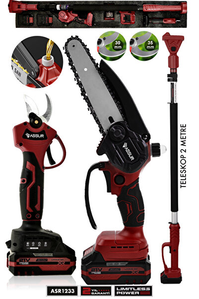 ASSUR Profesyonel 3'lü Set 21V Çift Akülü Teleskopik Kollu Bağ Makası & Budama Testeresi