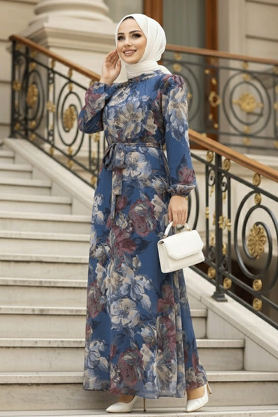 Neva Style Rochie hijab cu model floral albastru indigo 279318IM