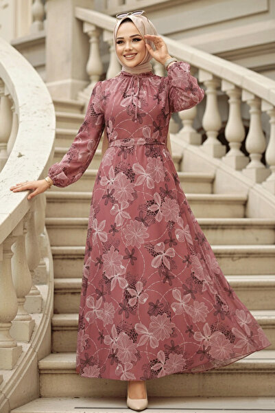 Neva Style Φόρεμα Hijab με σχέδιο λουλουδιών Dusty Rose 279079GK