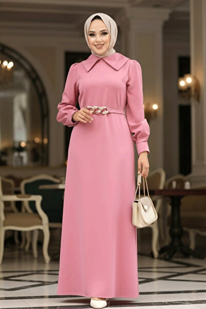 Neva Style Rochie Hijab Dusty Rose cu centură cu detaliu de lanț 3420GK