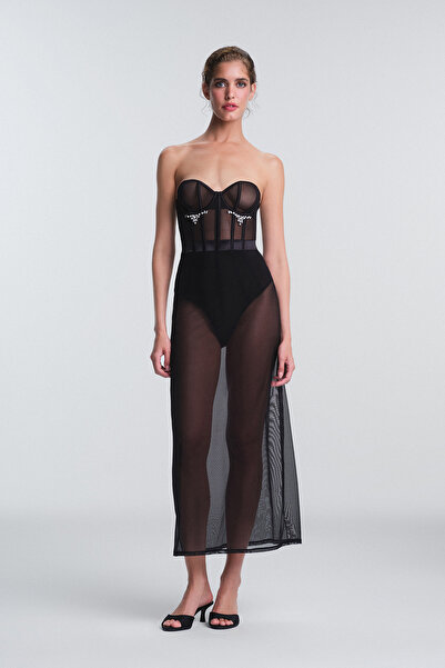 Penti Cămașă de noapte lungă cu detaliu de piatră Tiara neagră