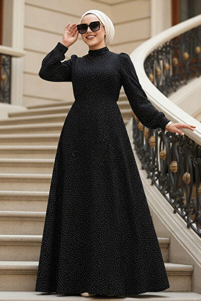 N.S NEVA STYLE Taş Boncuk İşlemeli Koyu Lacivert Tesettür Elbise 23882KL