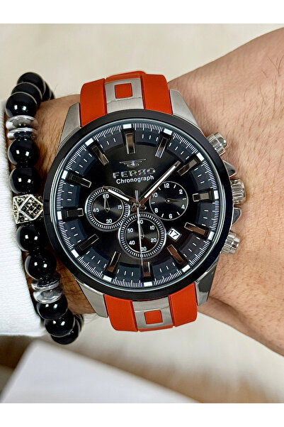 FERRO ساعة يد رجالية بسوار من السيليكون الأحمر FM11379DWT-J2، وظائف نشطة، سوار مقاوم للماء، هدية