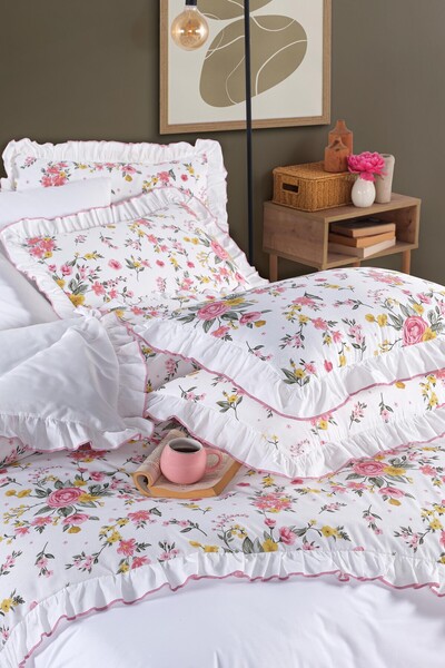 GÖRMEZ TEKSTİL Rose Elegance - Çift Kişilik Fırfır'lı Nevresim Seti Natural P...